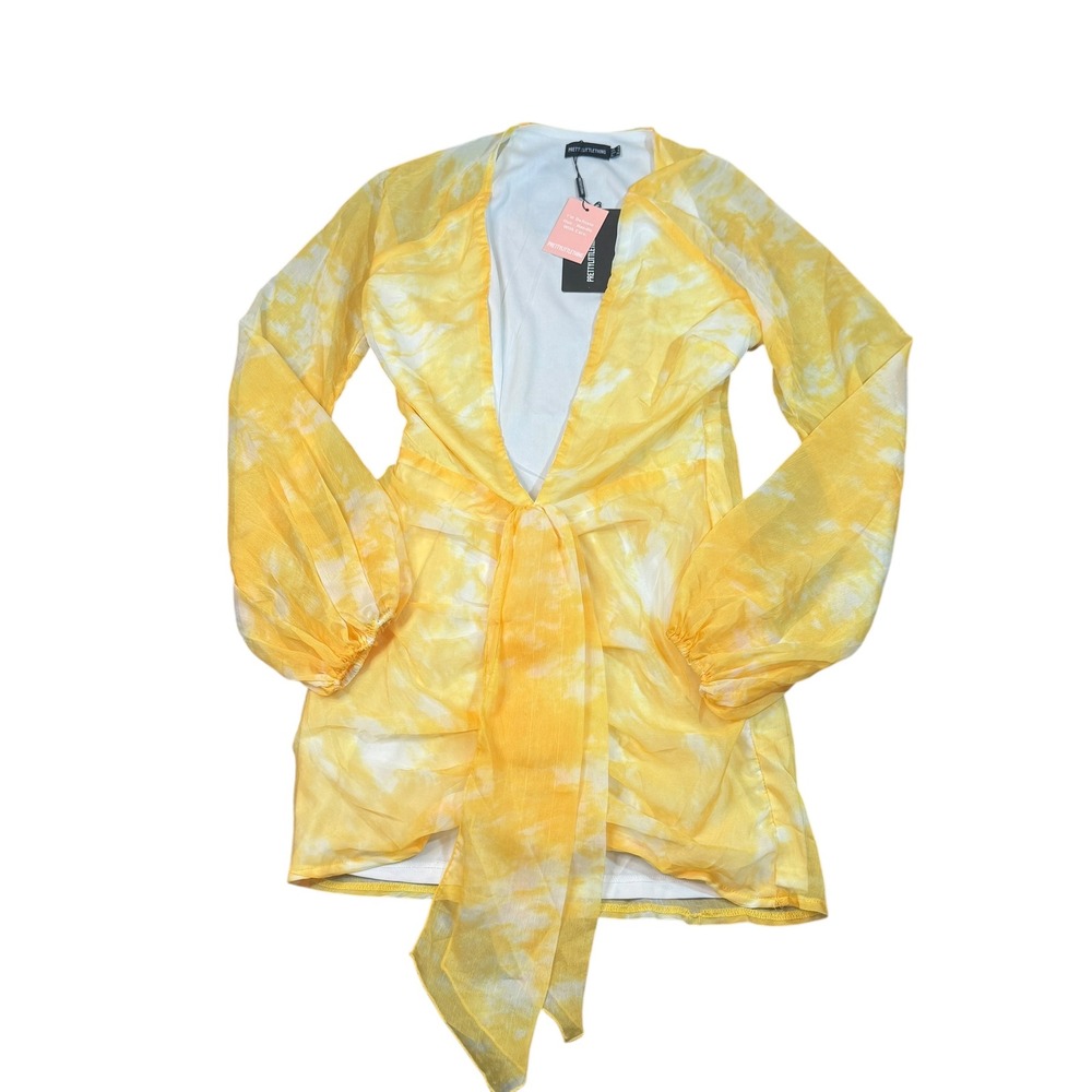 NWT PrettyLittleThing Yellow Tie Dyeโ Chiffon Long Sleeve Bodycon Dress Size 4